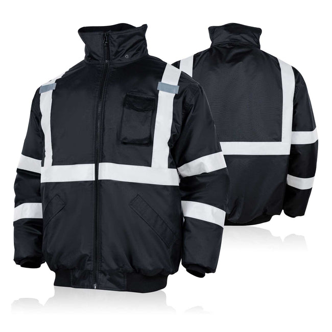 A black winter safety hi-vis bomber jacket with reflective stripes and a front zipper.