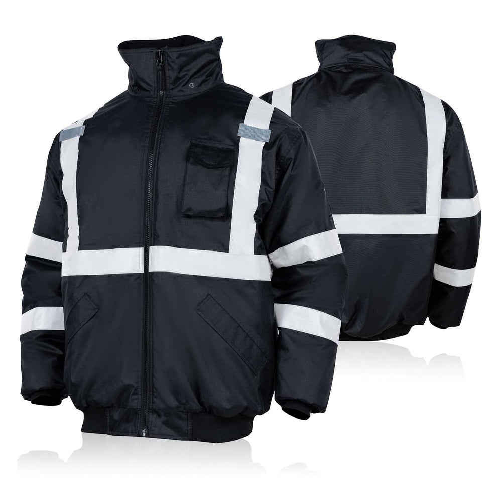 A black winter safety hi-vis bomber jacket with reflective stripes and a front zipper.