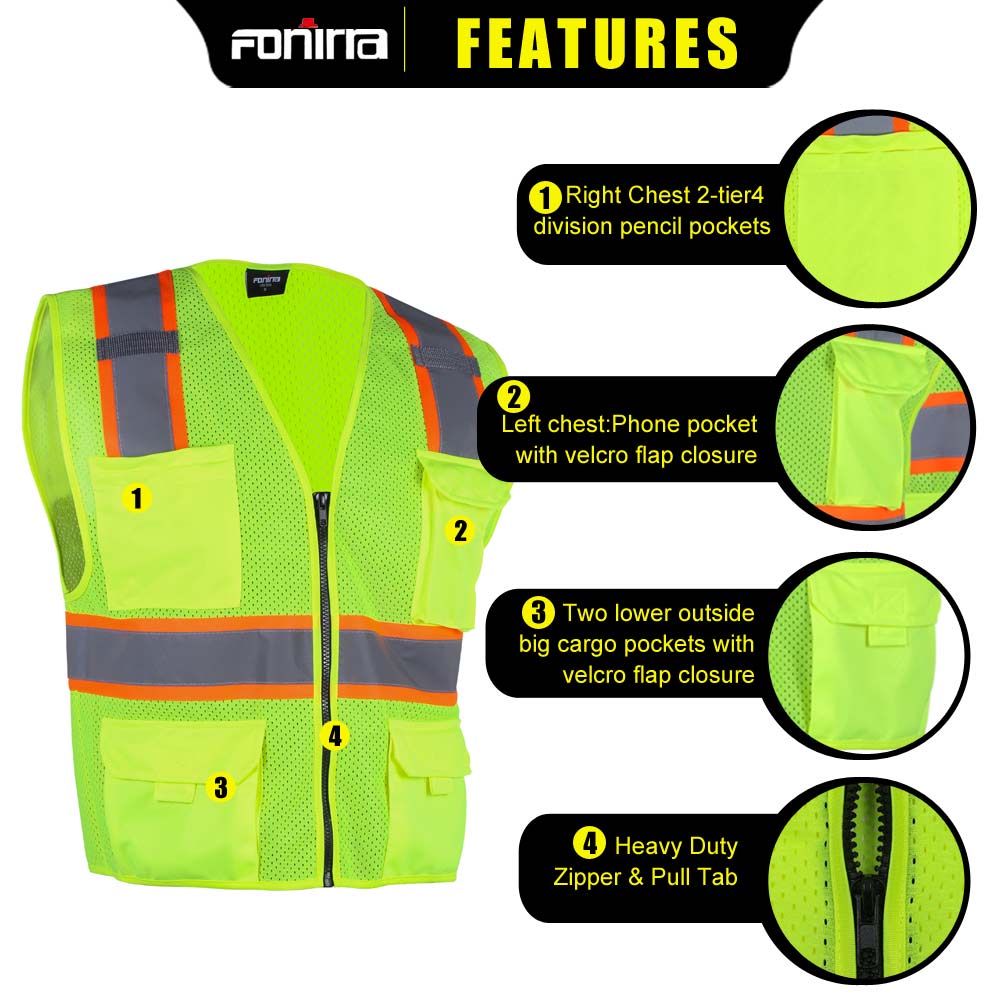 VT01 Class 2 Mesh High Visibility Safety Vest With 8 Pockets– fonirra