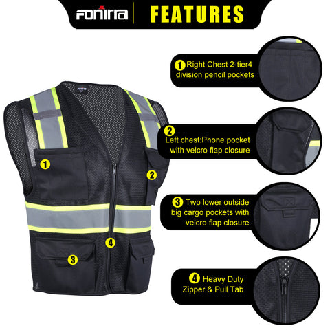 black safety vest pencil pockets cargo pocket