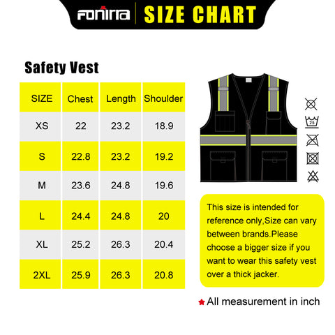 hi vis safety vest size chart