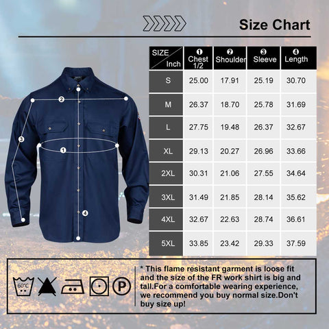 fr work safety shirt size chart