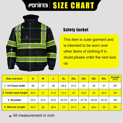hi vis winter jacket size chart