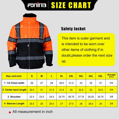 reflective safety jacket size chart
