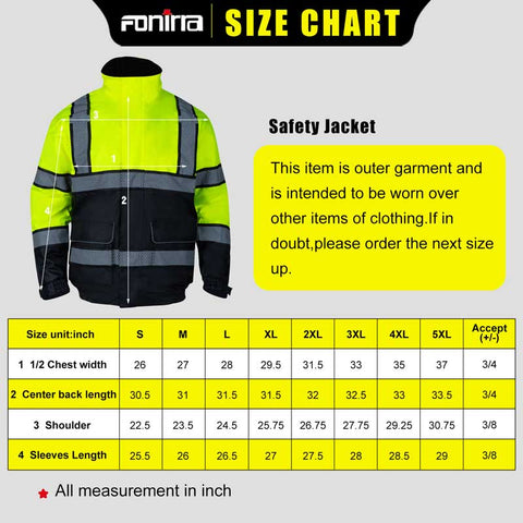 winter safety jacket size chart