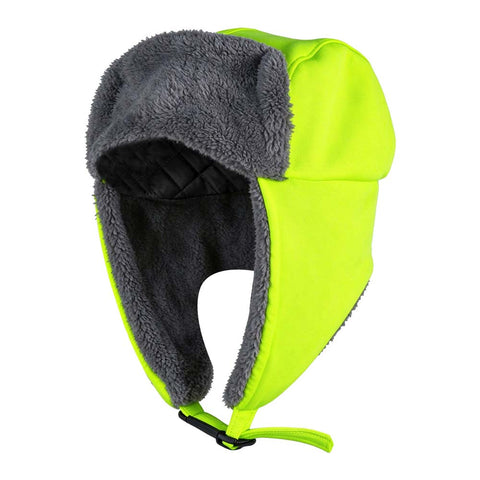 Hi-vis trapper hat at an angle showing the grey sherpa fleece ear flap, quilted black lining and adjustable chin strap.