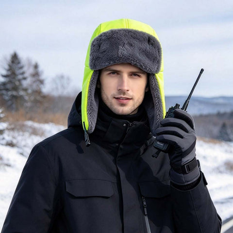 Man wearing the hi-vis yellow trapper hat with grey fleece ear flaps on a snowy hillside, holding a two-way radio.