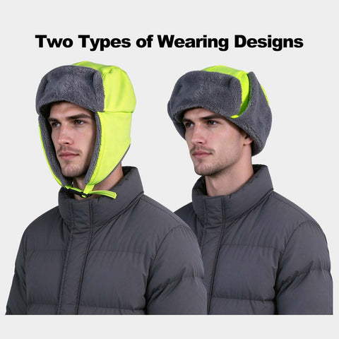 Two ways to wear the hi-vis trapper hat: grey fleece ear flaps down and tied under the chin, or folded up over the crown.