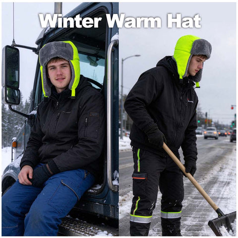 Hi-vis winter trapper hat in use: a worker in a truck cab and a worker shovelling snow, both wearing the fleece-lined hat.