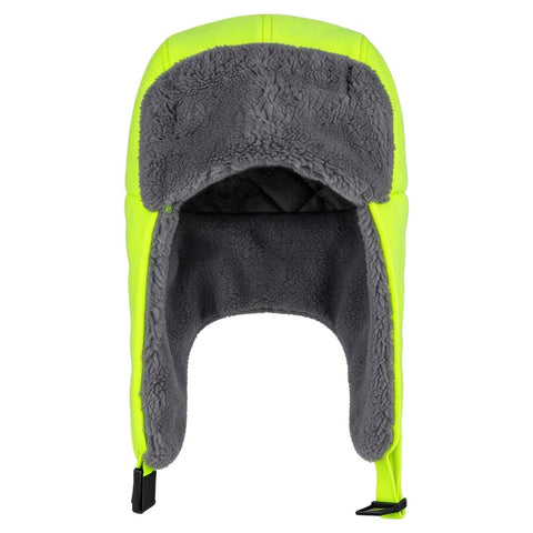 Inside view of the hi-vis winter trapper hat: grey sherpa fleece lining, quilted crown, drop-down ear flaps and chin straps.