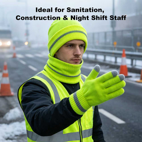 man in Hi Vis Winter Hat, Neck Warmer & Gloves Set