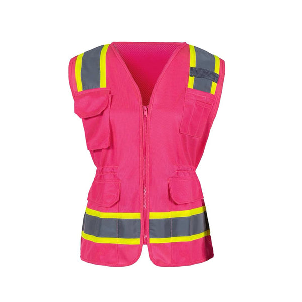 Pink safety vest with reflective stripes on a white background