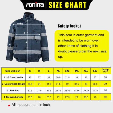 hi vis work jacket size chart