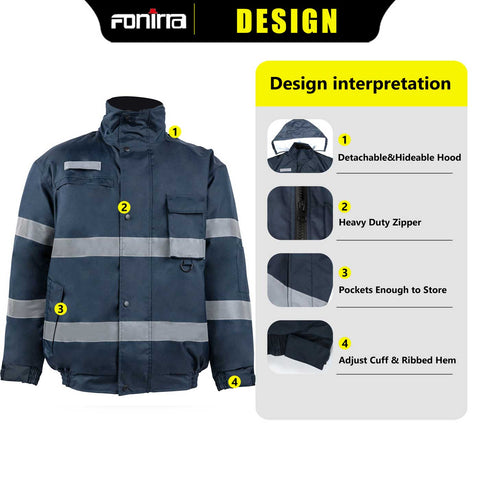 work safety jacket with hidden hood