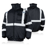 A black winter safety hi-vis bomber jacket with reflective stripes and a front zipper.