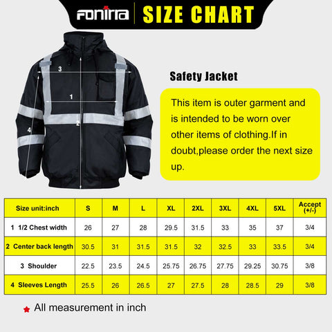 men's hi vis work jacket size chart