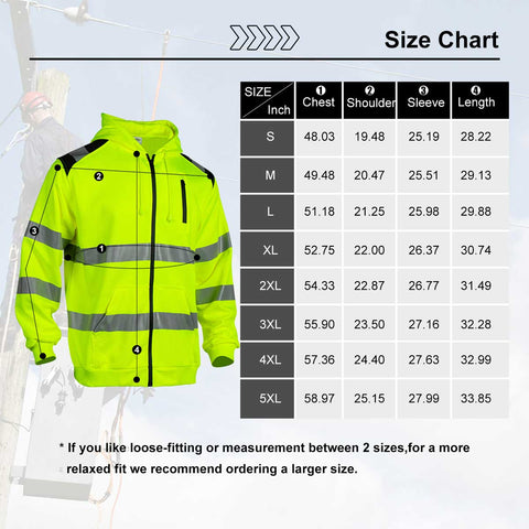 yellow hi vis hoodie size chart