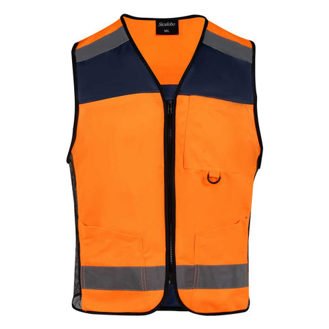 Orange safety vest with black and gray accents on a white background