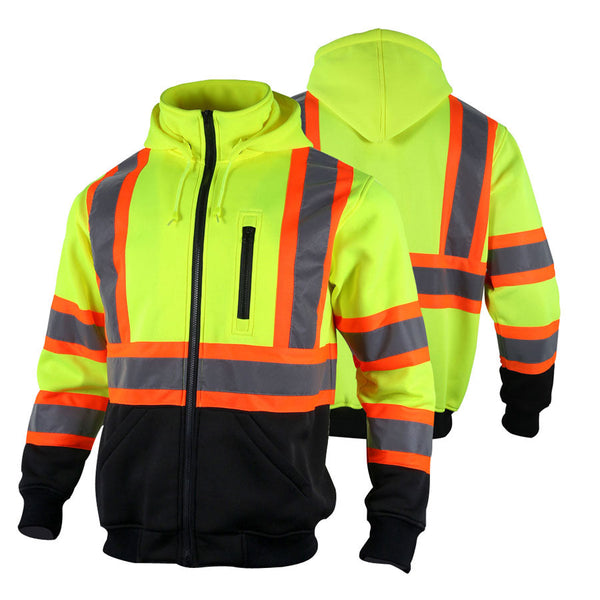 A blue safety sweatshirt with reflective stripes and a full zipper, featuring a detachable hood and a large front pocket.