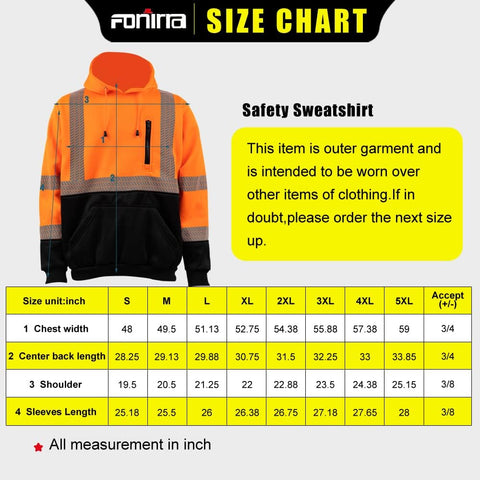 hi vis reflective work clothing size chart