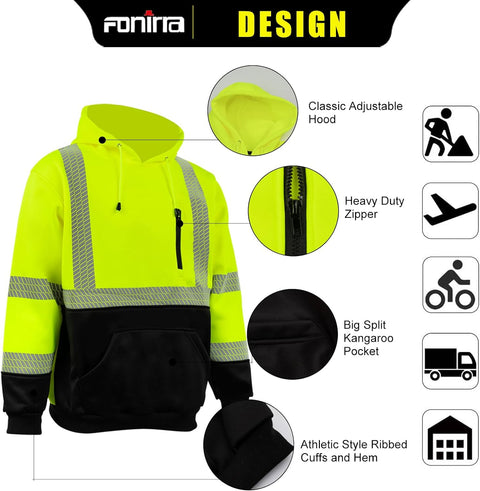 construction reflective safety sweatshirt with adjustable hat