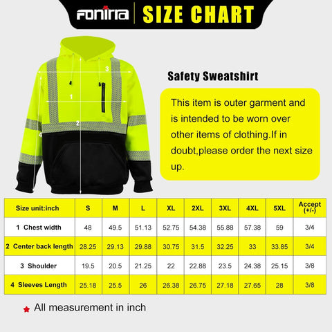 reflective hi vis work sweatshirt size chart