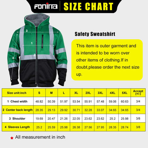 hi vis winter safety sweatshirt size chart