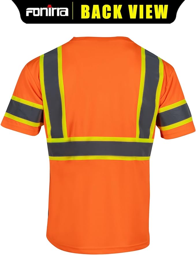 FONIRRA 3-Pack ANSI Class 3 Hi-Vis Shirts For Men - Safety Reflective Orange Work Shirts, Short Sleeve, Medium