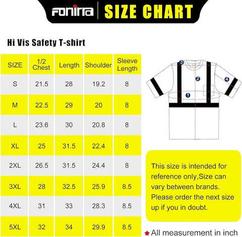 hi vis construction shirt size chart
