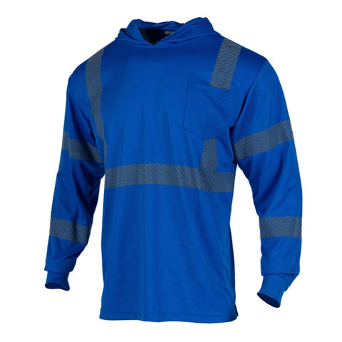 Blue hoodie with reflective stripes on a white background