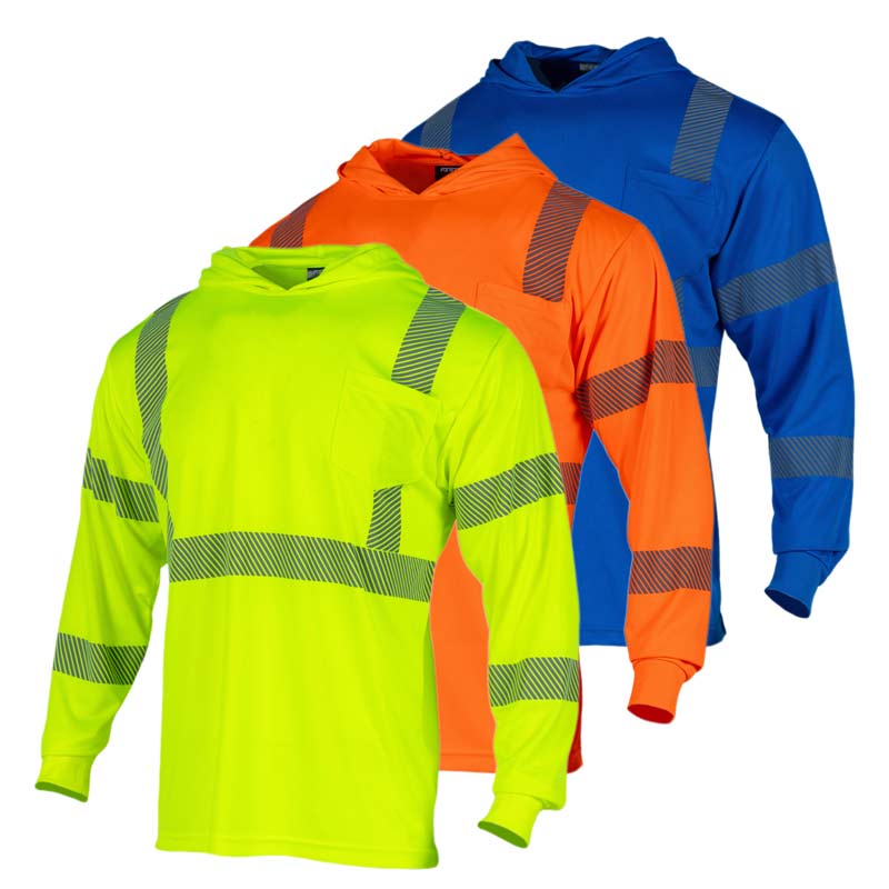 Three long-sleeve shirts in yellow, orange, and blue with reflective stripes on a white background.