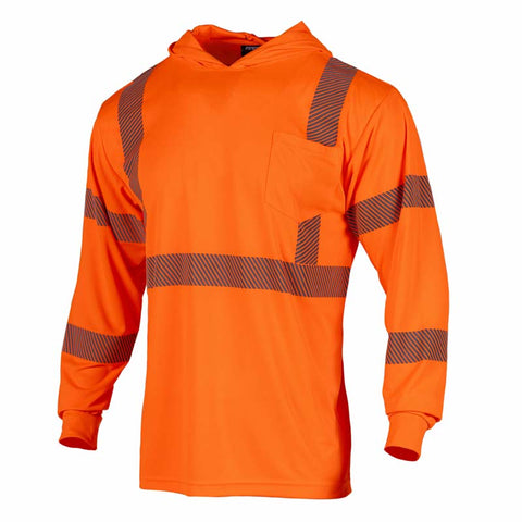 Orange safety hoodie with reflective stripes on a white background