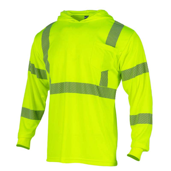 High-visibility yellow long-sleeve hoodie with reflective stripes on a white background
