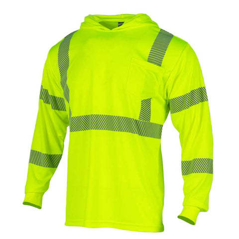 High-visibility yellow long-sleeve hoodie with reflective stripes on a white background