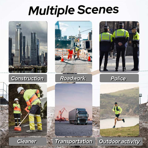 Collage of various scenes including cityscape, roadwork, police, construction, transportation, and outdoor activity.