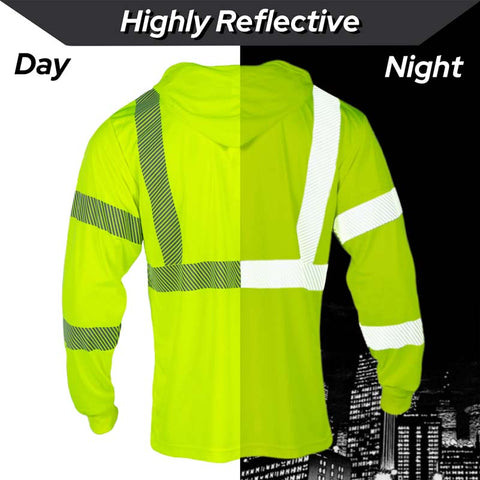 Highly reflective yellow safety jacket shown in day and night settings.