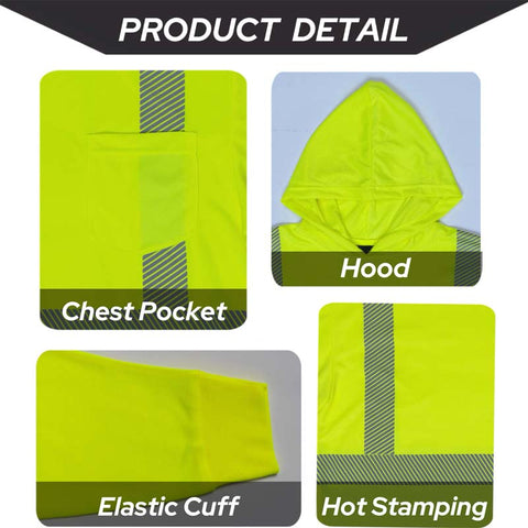 Highlight of a yellow safety jacket with features labeled on a white background