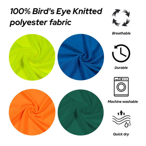 Four swatches of green, blue, orange, and teal fabric with icons indicating breathable, durable, machine washable, and quick dry properties.