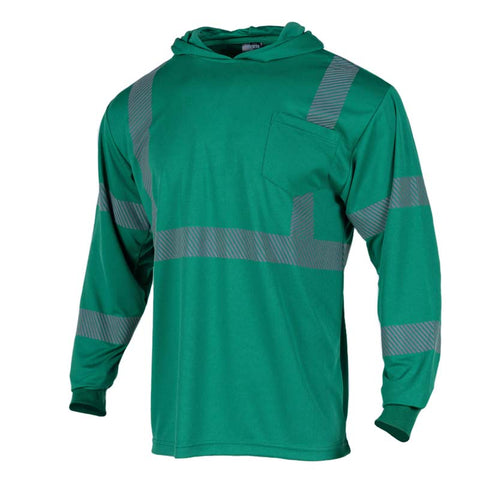 Green hoodie with reflective stripes on a white background