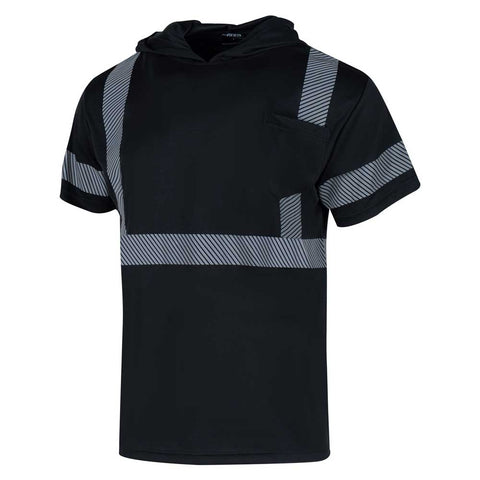 Black hoodie with reflective gray stripes on a white background