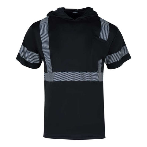 Black hoodie with reflective gray stripes on a white background