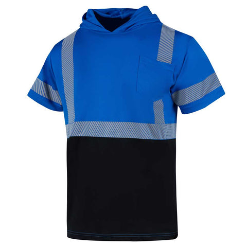 Blue and black hoodie with reflective stripes on a white background
