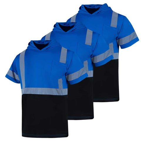 Three blue and black hoodies with reflective stripes on a white background