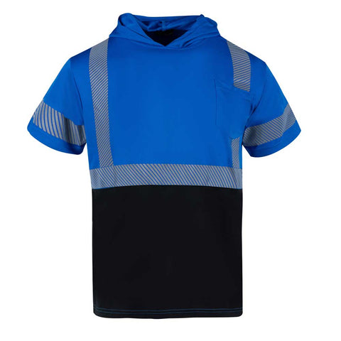 Blue and black hoodie with reflective stripes on a white background