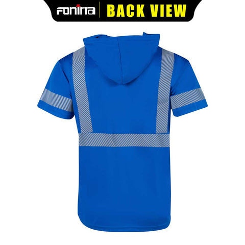Blue safety jacket with reflective straps on a white background, branded 'Fonina'.