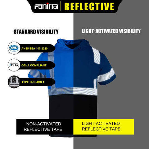 Reflective safety vest with ANSI, OSHA compliance labels on a gray and white background