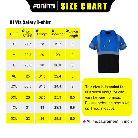 Size chart for Hi Vis Safety T-shirt with measurements in inches, branded as Fonira.
