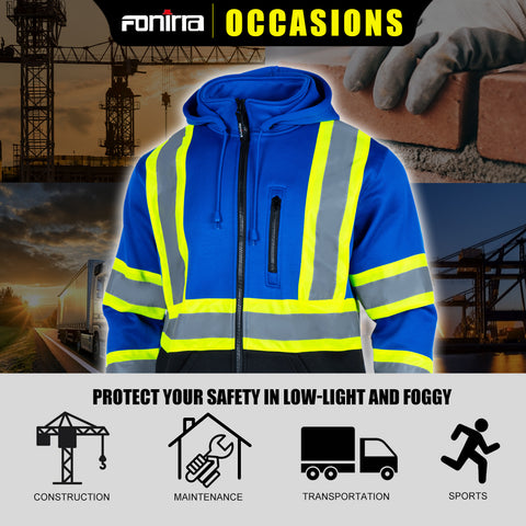 SW01B Full-Zipper Blue Safety Sweatshirt & Hi Vis Hoodie with Pocket