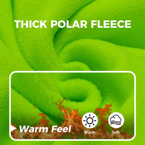 Green thick polar fleece fabric with 'Thick Polar Fleece' text and icons indicating warm and soft texture.