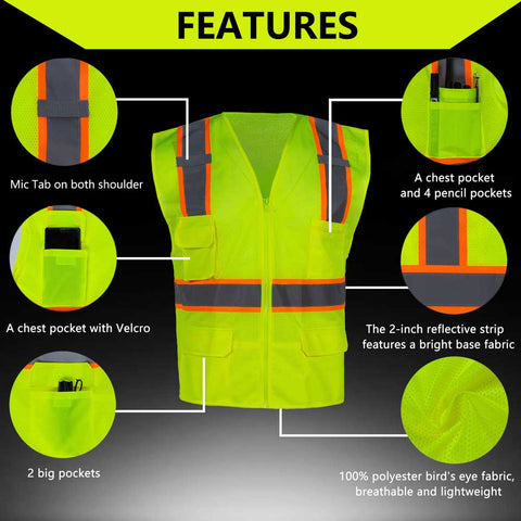 High-visibility safety vest with features highlighted on a black background